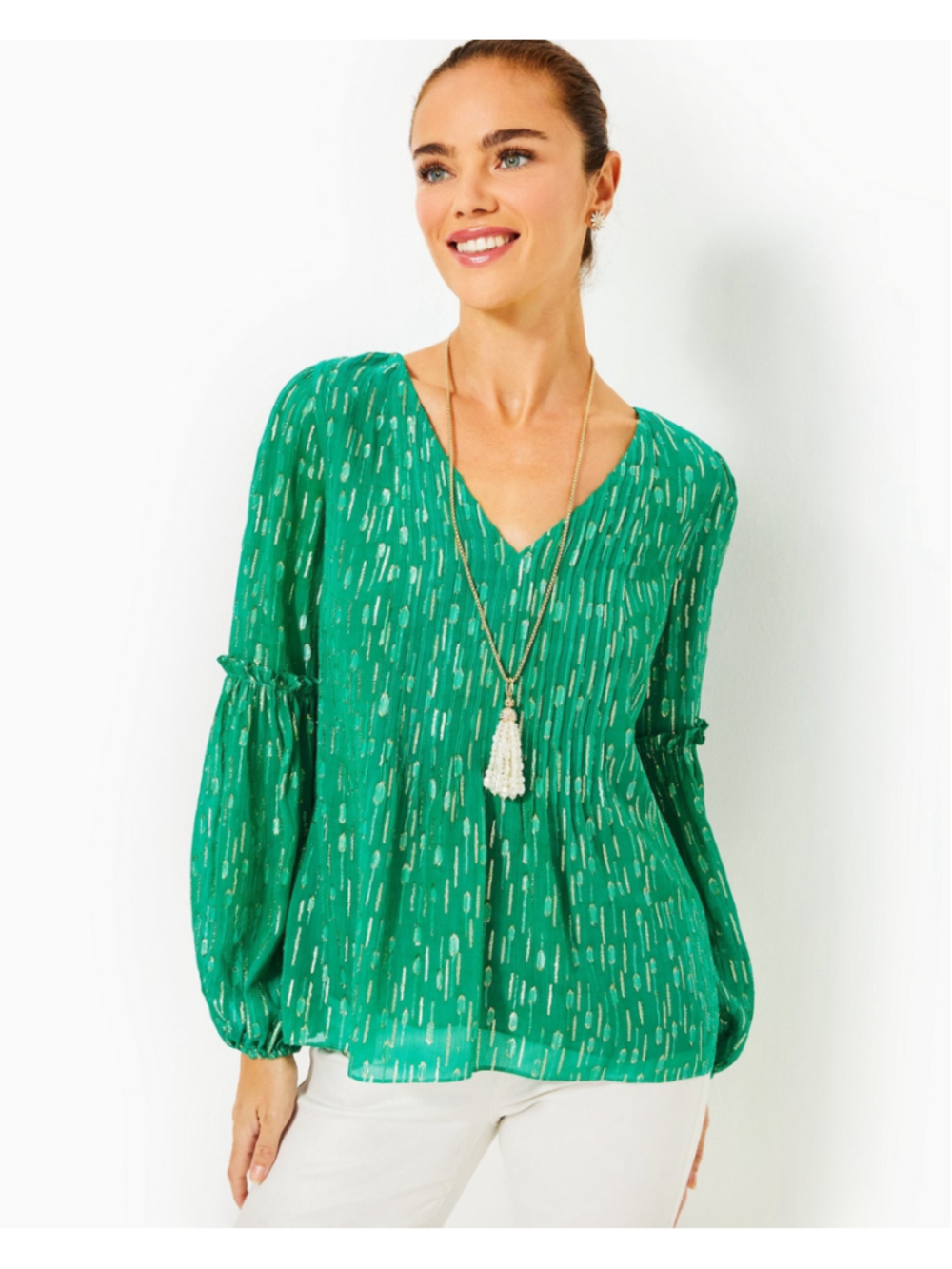 Lilly Pulitzer Cleme L/S Top Fiddle Leaf Green Mystical Viscose Metallic Sz 12